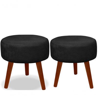 Kit 02 Puff Redondo Decorativo Panqueta De Apoiar Os Pés Suede Preto