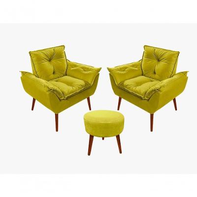 Kit C-02 Poltronas Opala + 01 Puff Redondo Danny Suede Amarelo