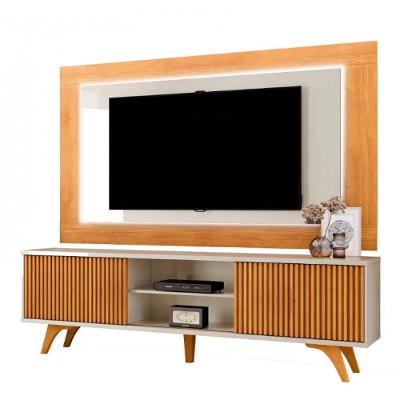Painel Atenas E Rack Valência C-led Pés Madeira Maciça Naturalle - Off White