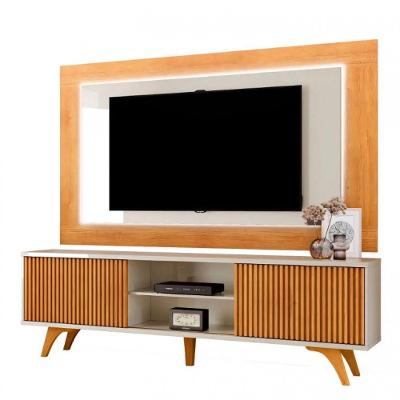 Painel Atenas E Rack Siena C-led Pés Madeira Maciça Mavaular Naturalle - Off White