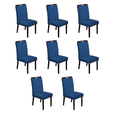 Kit 8 Cadeiras De Jantar Madeira Maciça Castanho Premium Heloísa Veludo Azul - Cor: Azul