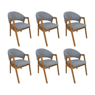 Kit 6 Cadeiras De Jantar Madeira Maciça Cerejeira Premium Helen Linho Cinza - Cor: Cinza