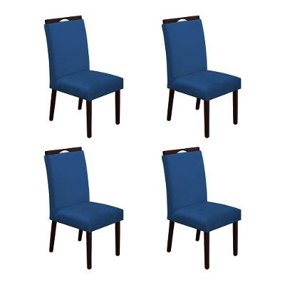 Kit 4 Cadeiras De Jantar Madeira Maciça Castanho Premium Heloísa Veludo Azul - Cor: Azul