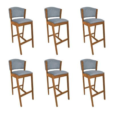 Kit 6 Banquetas Alta De Madeira Maciça Cerejeira Premium Ana Com Encosto Linho Cinza - Cor: Cinza