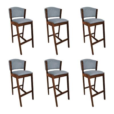 Kit 6 Banquetas Alta De Madeira Maciça Mel Premium Ana Com Encosto Linho Cinza - Cor: Cinza