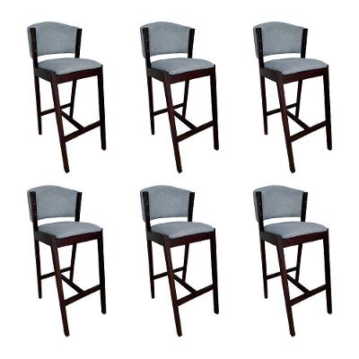 Kit 6 Banquetas Alta De Madeira Maciça Castanho Premium Ana Com Encosto Linho Cinza - Cor: Cinza