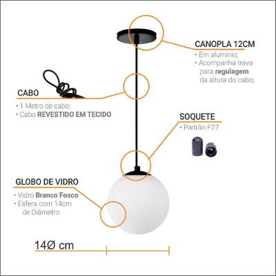 Pendente Globo Esfera De Vidro Branco Fosco 14cm - Preto