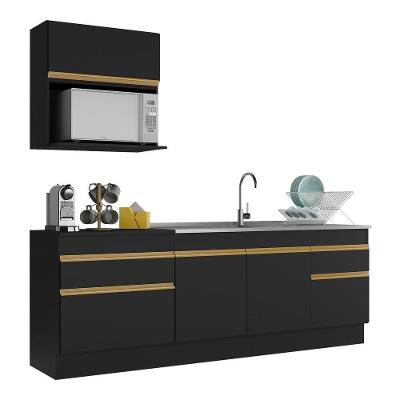 Armário De Cozinha Compacta 220cm Com Rodapé Veneza Multimóveis V2110 Preto/dourado Preto/dourado