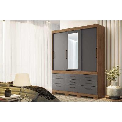 Guarda Roupa Casal 3 Portas de Correr e 9 Gavetas c/ Espelho e Pés Click 3.9 Jatoba/Grafitte - Santos Andirá