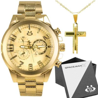 Relogio Masculino Aço Inox Banhado + Cordão Cruz