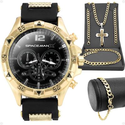 Relogio Masculino Aço Dourado + Pulseira Original Presente