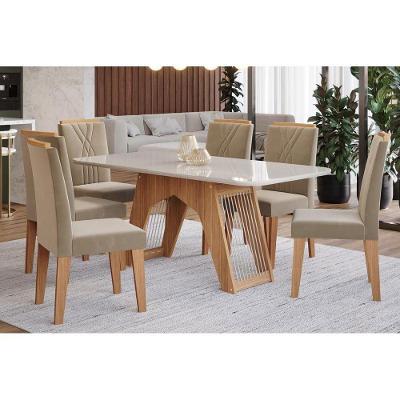 Conjunto: Mesa Sala Jantar Carol c/ Tampo Madeirado c/ Vidro 180cm + 6 Cadeiras Nicole Nature/Off White/Madeira/Joli - Cimol