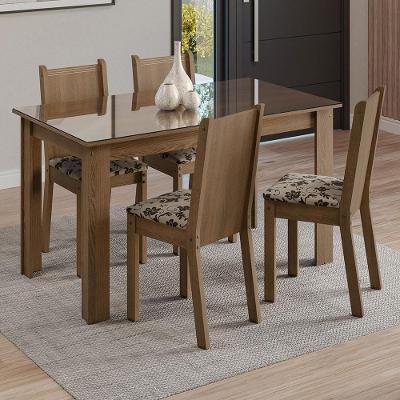 Conjunto Jantar Mesa Vidro 4 Cadeiras Rústico/Bege Marrom