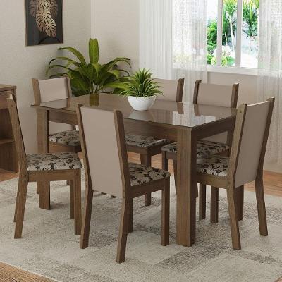 Conjunto Jantar Mesa Vidro 6 Cadeiras Rústico-Crema-Bege