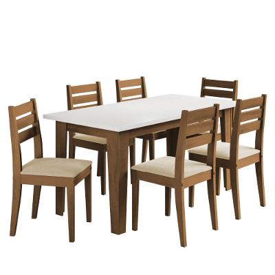 Conjunto Sala De Jantar Mesa Miami 1,60m 6 Cadeiras Dakar Cedro / Off White / Bege Dobuê Cedro/off