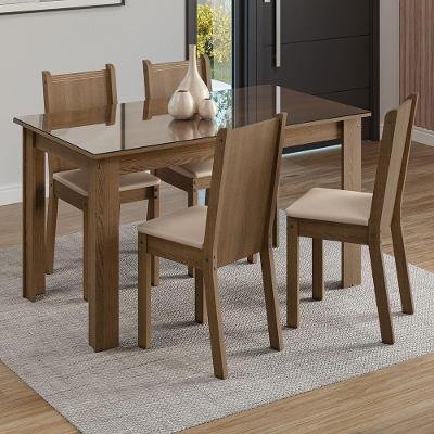 Conjunto Jantar Mesa Vidro 4 Cadeiras Rústico/Sintético Bege