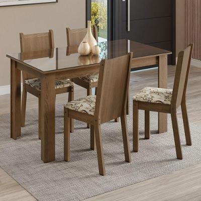 Conjunto Jantar Mesa Vidro 4 Cadeiras Rústico/Lírio Bege