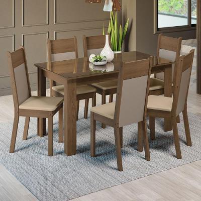 Mesa de Jantar Tampo Vidro 6 Cadeiras Rustic-crema-bege