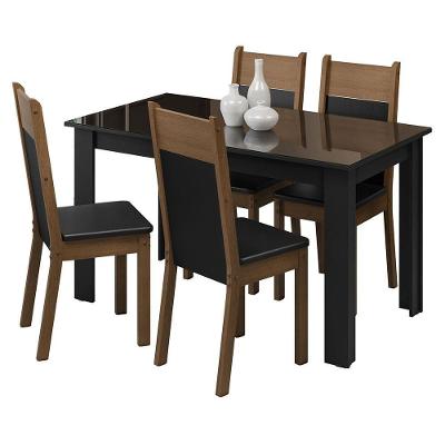 Mesa Tampo Vidro 4 Cadeiras Preto-Rustic Madesa