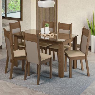 Mesa de Jantar Tampo Vidro 6 Cadeiras Rustic-crema-bege