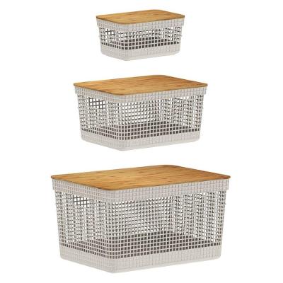 Kit De Cesto Organizador Grid Bege Com Tampa De Bambu 03 Peças