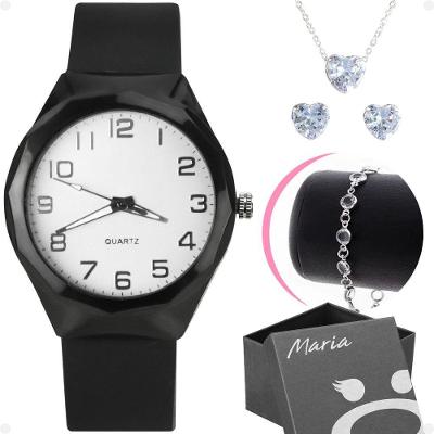 Colar Brinco + Relogio Feminino Aço Prova Dagua + Caixa Moda Original Preto Social Zirconia Coração
