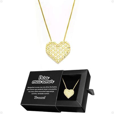 Colar Feminino Aço Banhado + Pingente Strass Coração Qualidade Premium Presente Casual Social Moda