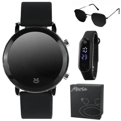 Oculos Protecao Uv + Relogio Digital Aço Inox Redondo Preto Pulseira Ajustavel Casual Silicone