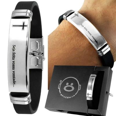Pulseira Masculina Prata Placa Aço Inox Pai Nosso + Caixa Presente Ajustavel Casual Original Social