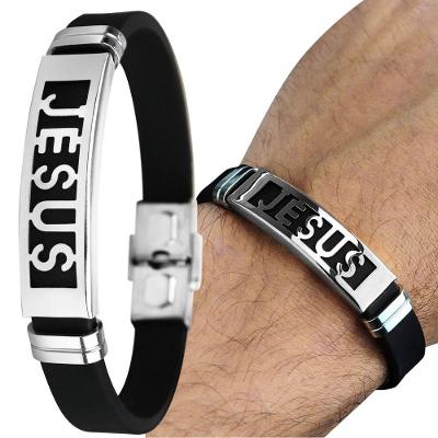 Placa Jesus Cristo Aço Inoxidável Pulseira Masculina + Prata Social Silicone Ajustavel Casual
