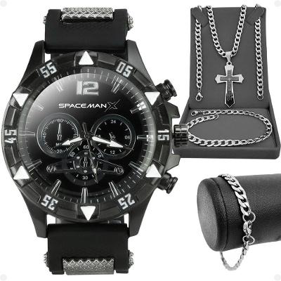 Relogio Masculino Aço Inox + Pulseira + Cordão Prata Grumet Crucifixo Original Black Piano Ajustavel