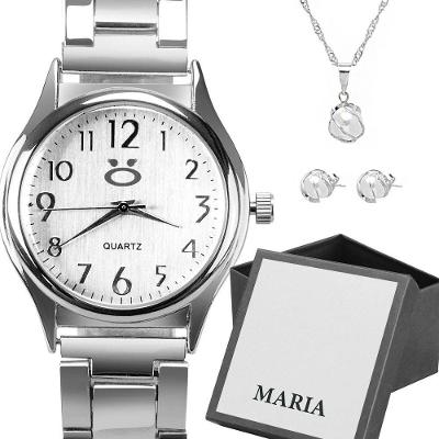 Relogio Feminino Aço Inox Prata + Colar Brincos + Caixa Social Moda Qualidade Presente