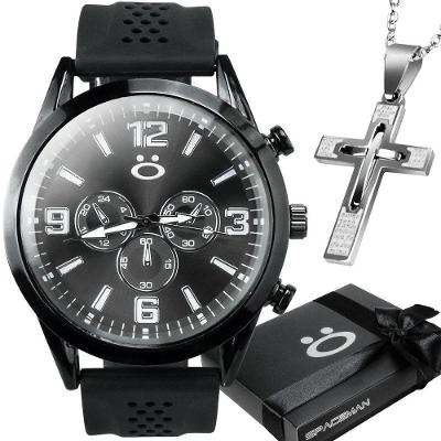 Relogio Aço Inox Preto + Corrente Crucifixo + Caixa Qualidade Presente Social Casual