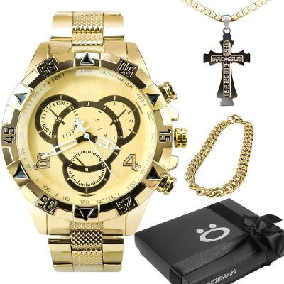 Relogio Dourado Prova Dagua Banhado + Caixa Original Qualidade Casual Pesado Grande Social