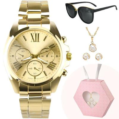Relogio Dourado Aço Inox + Colar E Brincos + Oculos De Sol Original Casual Qualidade Social