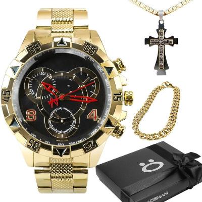Relógio Masculino à Prova D'água + Pulseira + Cordão Crucifixo Social Ouro Qualidade Preto