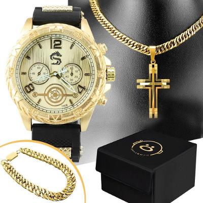 Relogio Masculino Banhado Aço + Pulseira + Cordão Crucifixo Ajustavel Original Dourado Social Casual