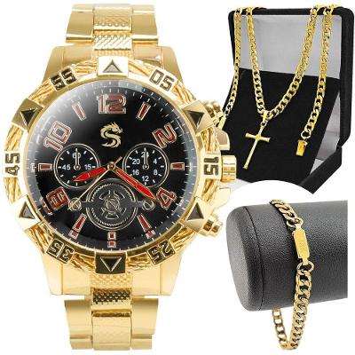 Relogio Masculino Banhado + Cordão Cruz + Pulseira Grumet Casual Analogico Social Qualidade