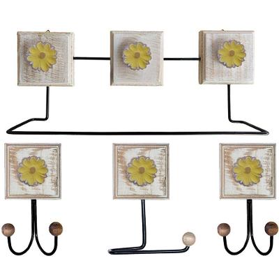 Kit Banheiro Com 2 Toalheiros Duplos + Porta Papel Higiênico + Toalheiro Rustico Artesanal Cor Amarelo