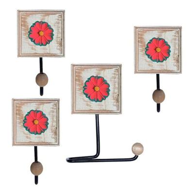 Kit Para Banheiro Com 3 Toalheiros E 1 Porta Papel Higiênico Rustico Flor Azul Cor Vermelho