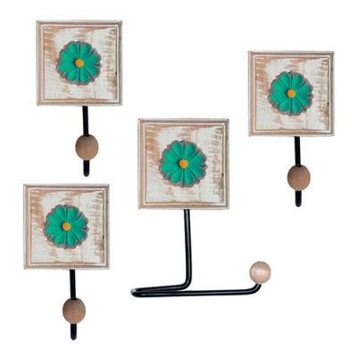 Kit Para Banheiro Com 3 Toalheiros E 1 Porta Papel Higiênico Rustico Flor Azul Cor Verde