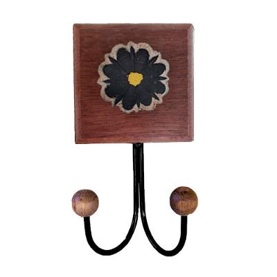 Toalheiro Cabideiro Duplo Flor 3d Rústico Artesanal Ferro Cor Preto
