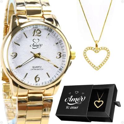 Colar Coração Strass + Relogio Feminino Aço Dourado Original Edição Limitada Moda Social Inoxidavel