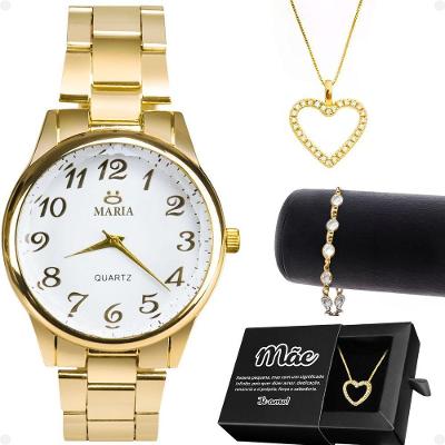 Relogio Feminino Banhado + Colar Coração + Pulseira + Caixa