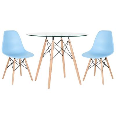 Mesa Redonda Eames Com Tampo De Vidro 90 Cm + 2 Cadeiras Eiffel Dsw Azul Claro