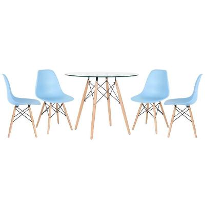 Mesa Redonda Eames Com Tampo De Vidro 90 Cm + 4 Cadeiras Eiffel Dsw Azul Claro