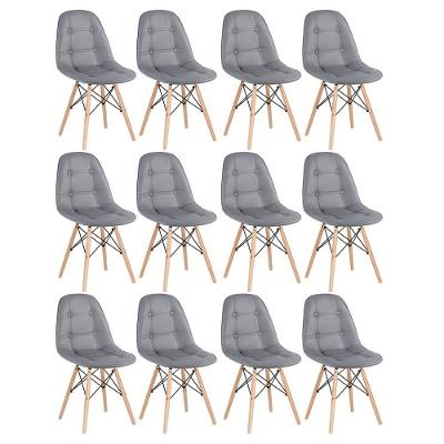 Kit - 12 X Cadeiras Estofadas Eames Eiffel Botonê - Base De Madeira Clara - Cinza Escuro
