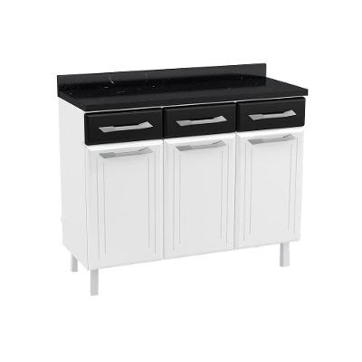 Gabinete de Cozinha Modulado Balcão Topázio 3 Portas e 3 Gavetas c/Tampo 105cm Branco/Preto - Telasul