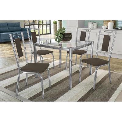 Conjunto: Mesa de Cozinha Reno c/ Tampo de Vidro 90cm + 4 Cadeiras Florença Cromado/Marrom - Kappesberg