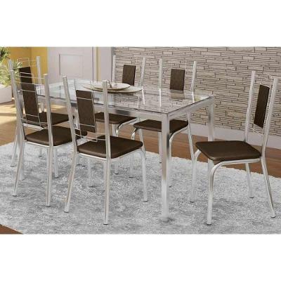 Conjunto: Mesa de Cozinha Reno c/ Tampo de Vidro 150cm + 6 Cadeiras Florença Cromado/Marrom - Kappesberg